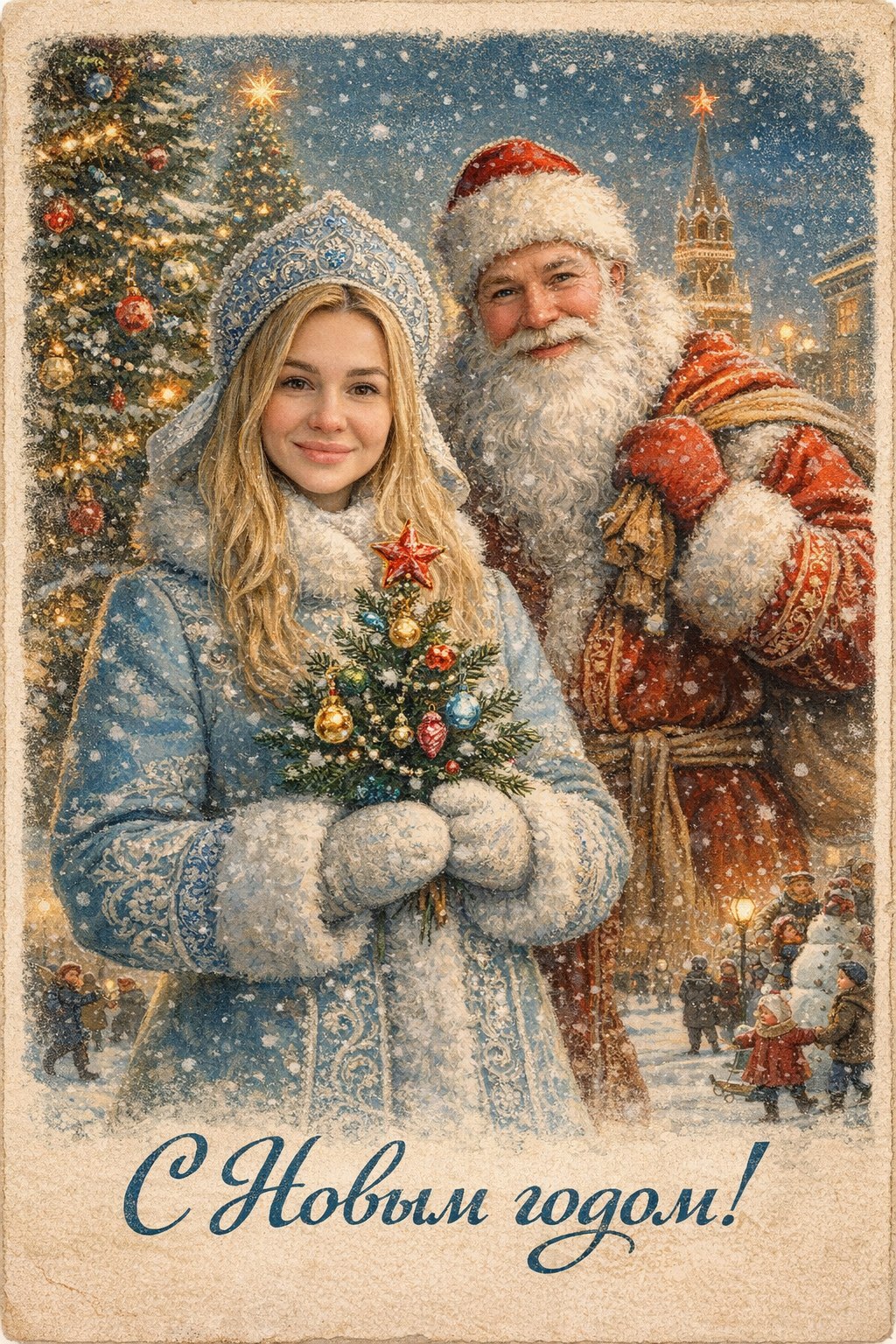 Ded moroz snegurochka greeting card AI effect result example